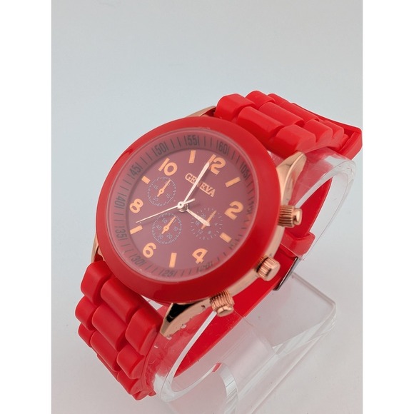 Geneva Watch Women 38mm Rose Gold Case Red Silicone Band- New Battery - Picture 3 of 9
